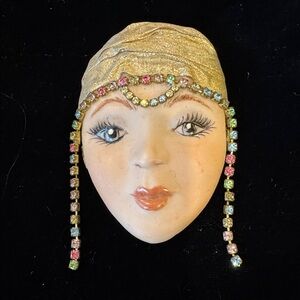 Vintage Porcelain Flapper Girl Brooch with Rhinestone Accents